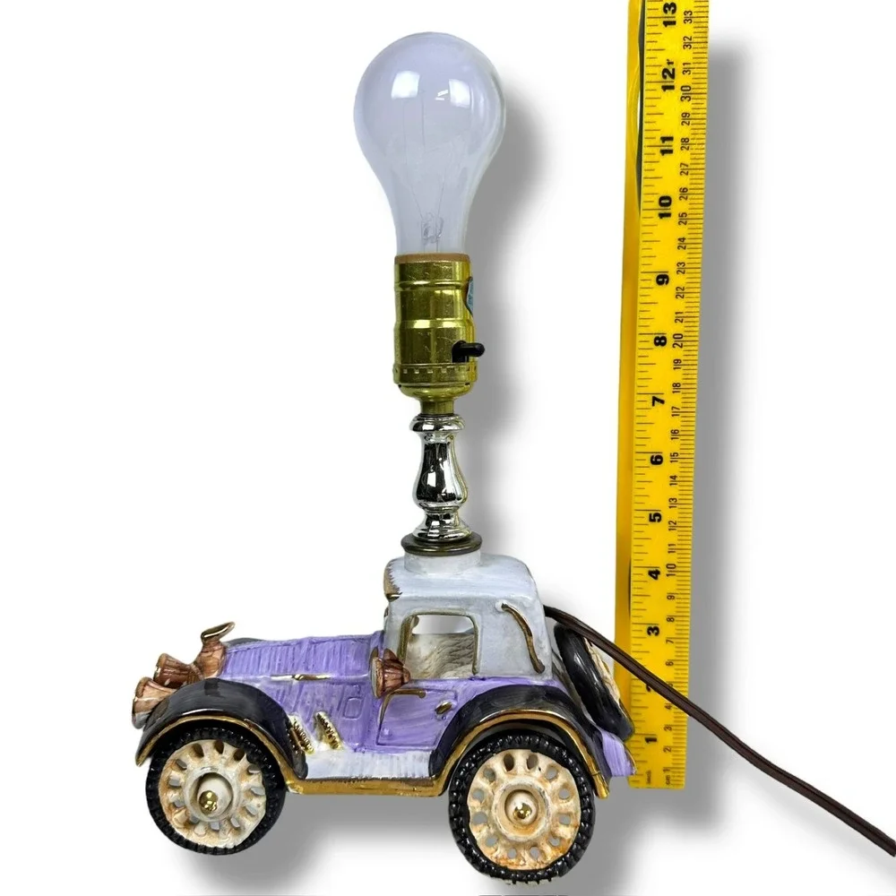 Vintage Ceramic Hand Painted Purple Antique Car Buggy Lamp 